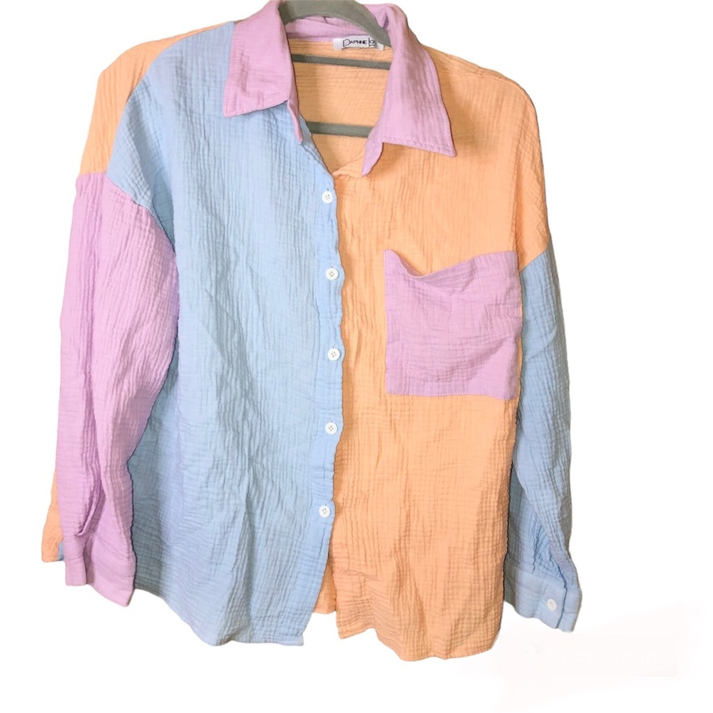 Daphne Lo Button Front Gauze Texture Color Block‎ Blouse Blue Orange Size Large